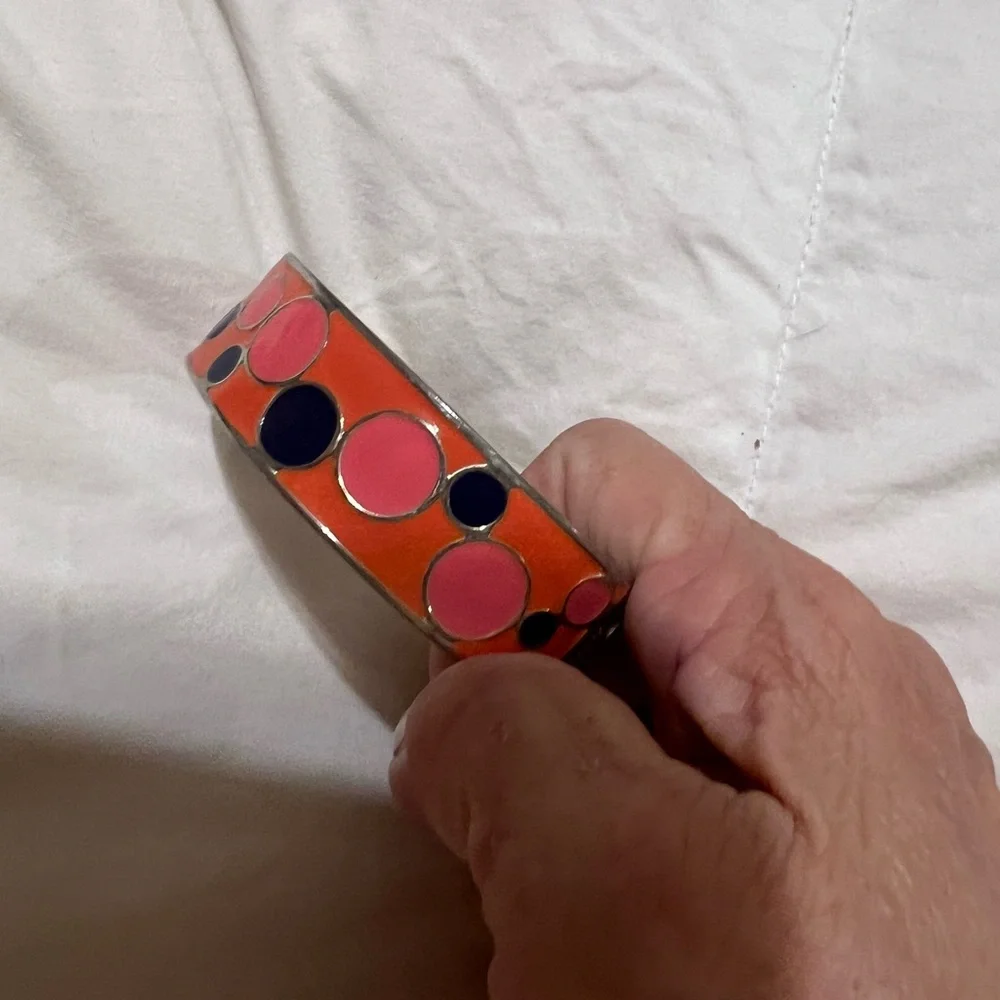 Colorful Orange Enamel Bangle with Pink and Navy Accent Dots Cuff bangle - Picture 2 of 3